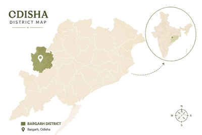 Map of Odisha with a focus on the Bargarh district, showing its location within India.