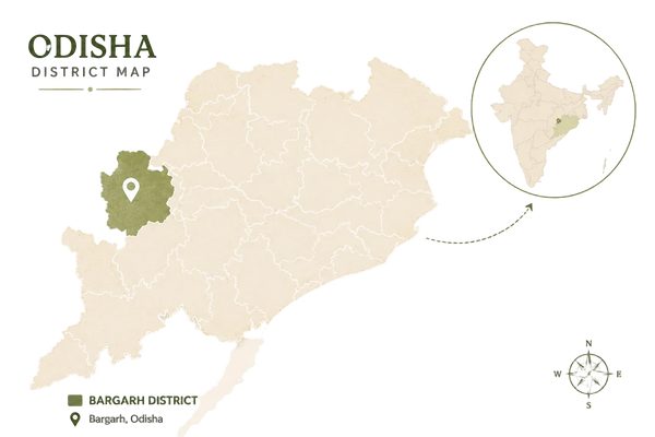 Map of Odisha with a focus on the Bargarh district, showing its location within India.