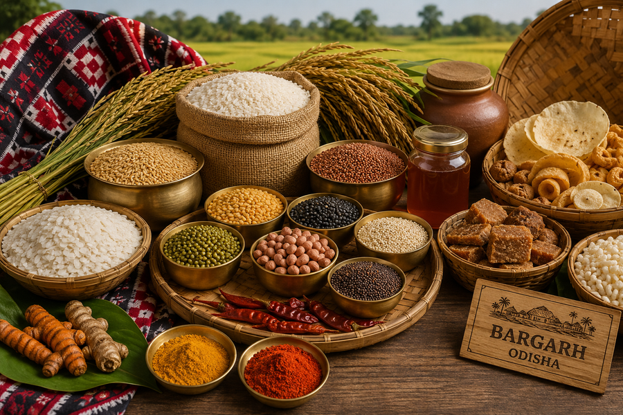 Assorted traditional Indian foods and ingredients on a wooden table with 'Bargarh Odisha' branding.