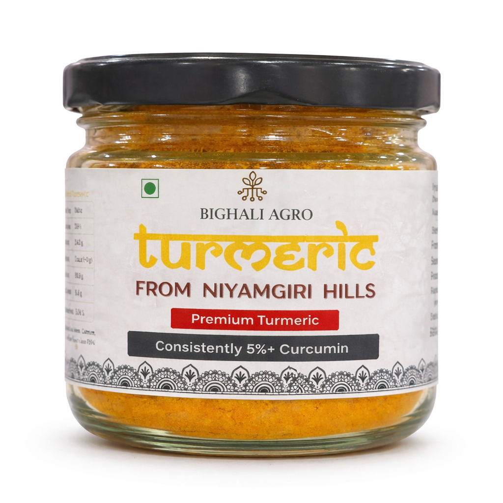 Jar of turmeric from Niyamgiri Hills with Bighali Agro branding on a white background