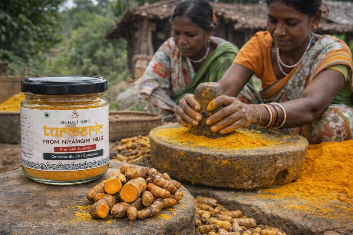 Two women working with turmeric in a rustic setting, with a jar of turmeric in the foreground.