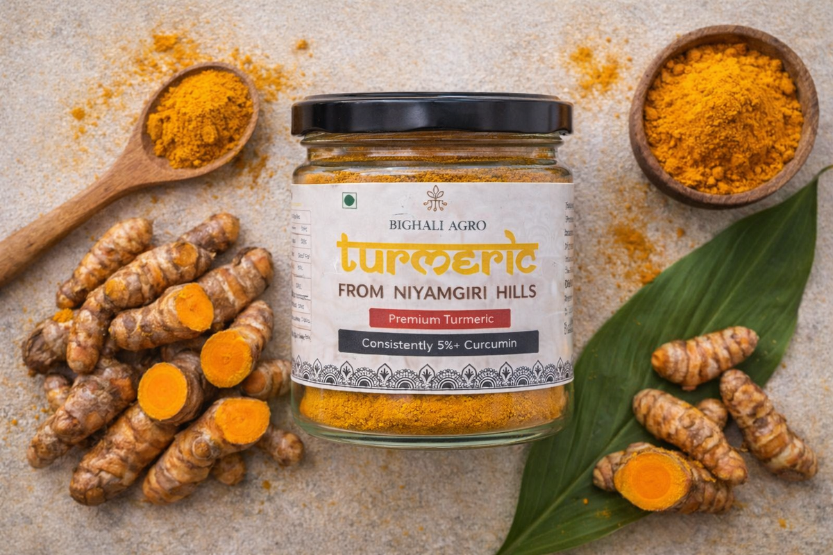 Jar of turmeric powder with fresh turmeric roots and leaves on a textured surface