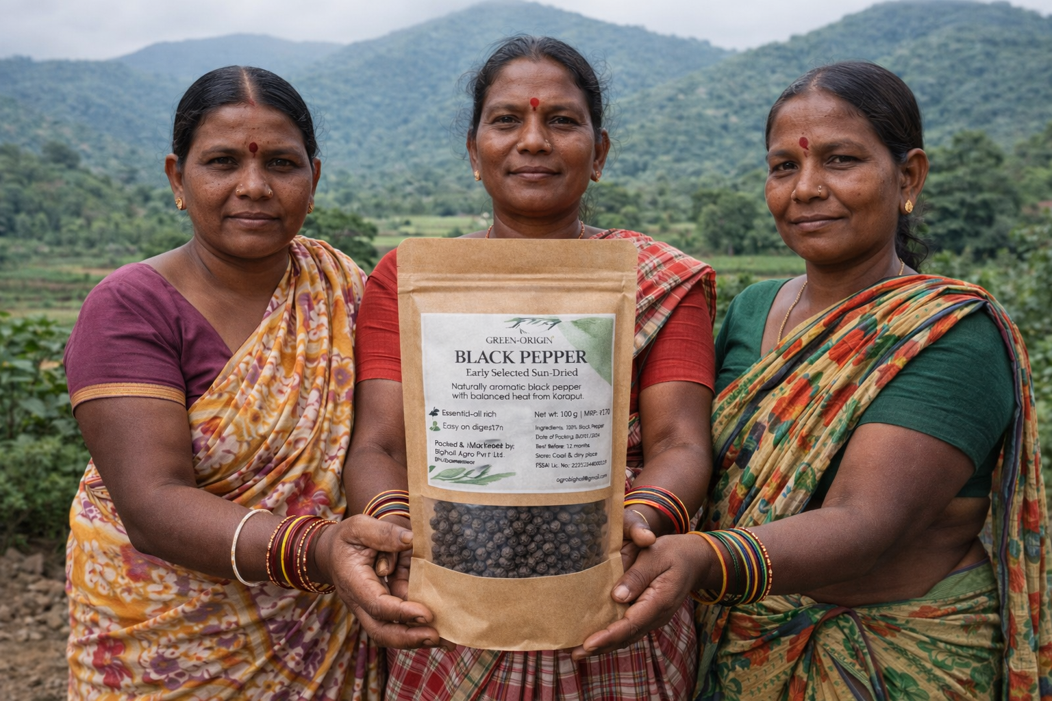 Three women holding a package of black pepper with a mountainous background