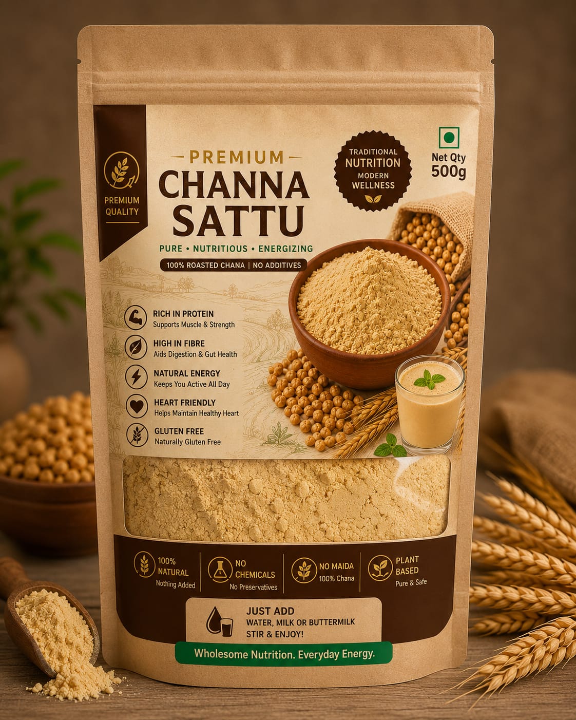 Package of Premium Channa Sattu with nutritional information and images of chana and a smoothie.