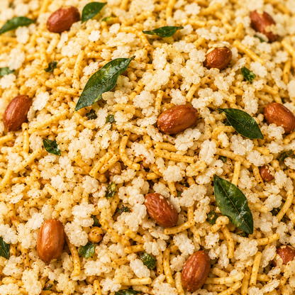 Close-up of a dish with noodles, nuts, and leaves