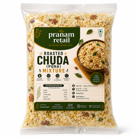 Packaged Roasted Chuda (Poha) Mixture from Pranam Retail on a white background