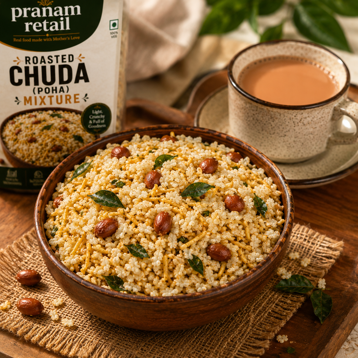 Bowl of roasted chuda mixture with a cup of tea and Pranam Retail packaging on a wooden surface.