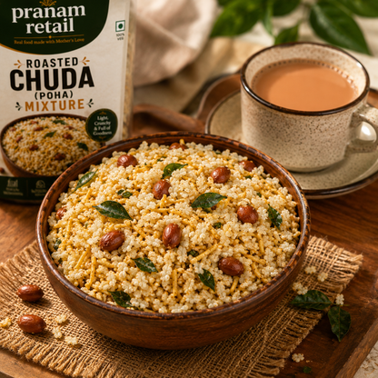 Bowl of roasted chuda mixture with a cup of tea and Pranam Retail packaging on a wooden surface.