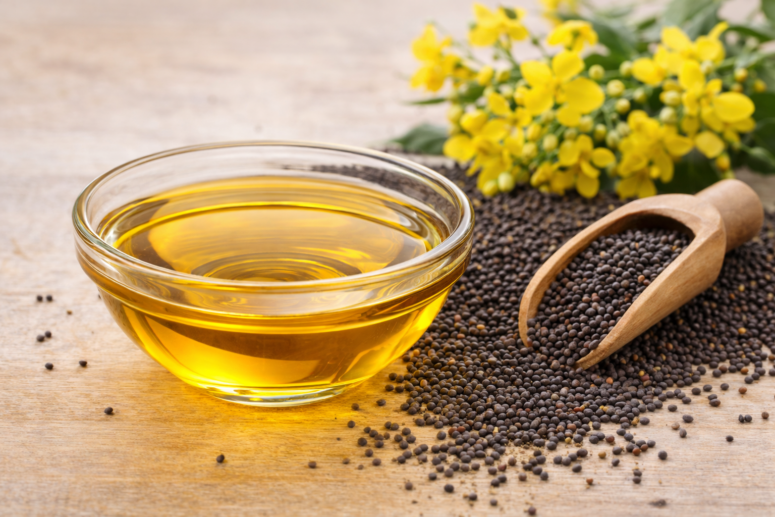 Mustard oil in a glass bowl with mustard seeds and flowers on a wooden surface