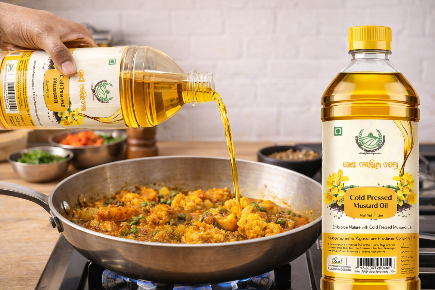 Oil being poured from a bottle into a frying pan with food on a stove.