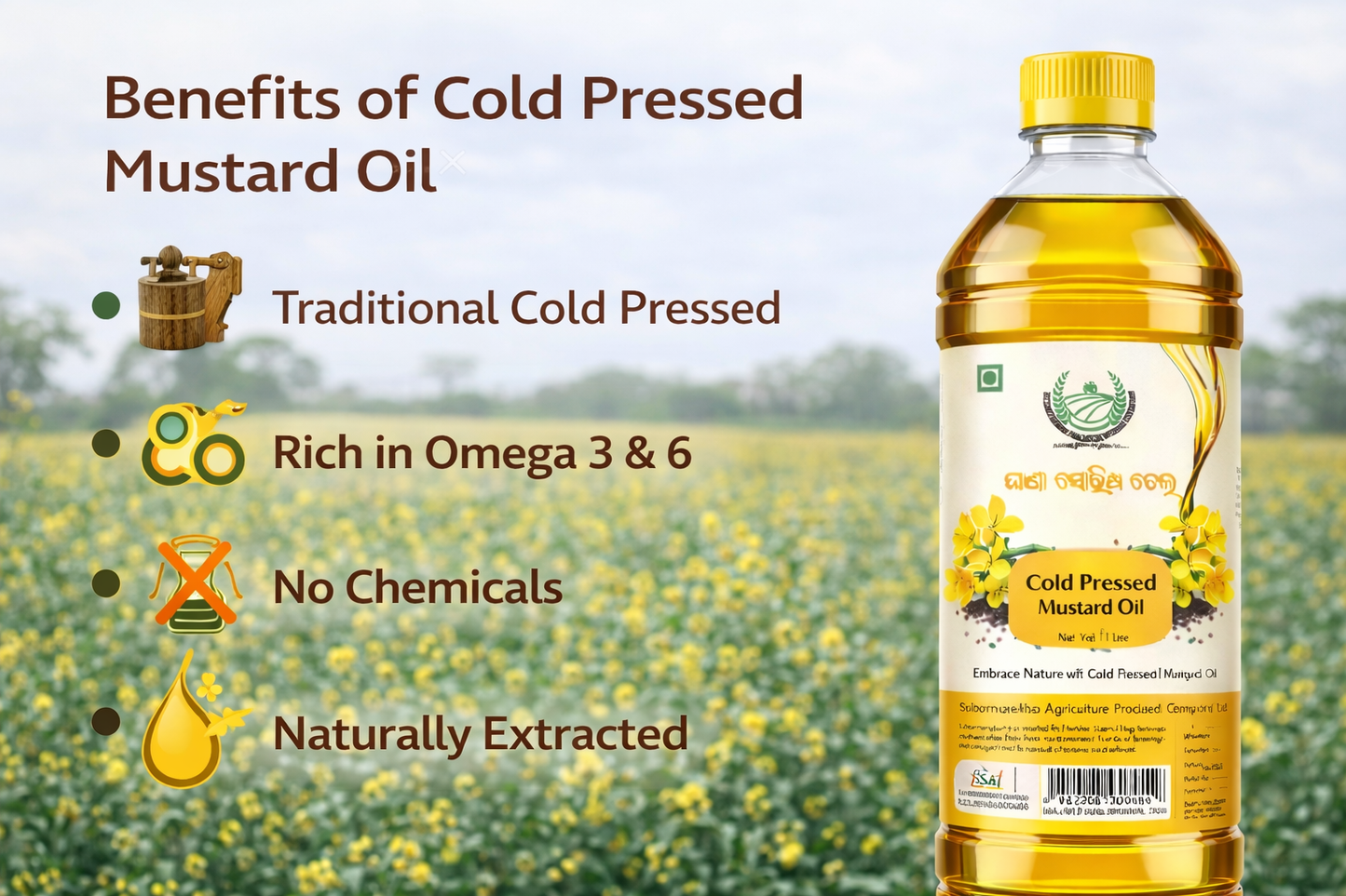 Bottle of cold pressed mustard oil with benefits listed on a mustard field background