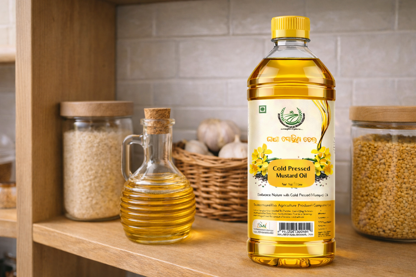 Bottle of cold pressed mustard oil on a kitchen shelf with jars and a basket.