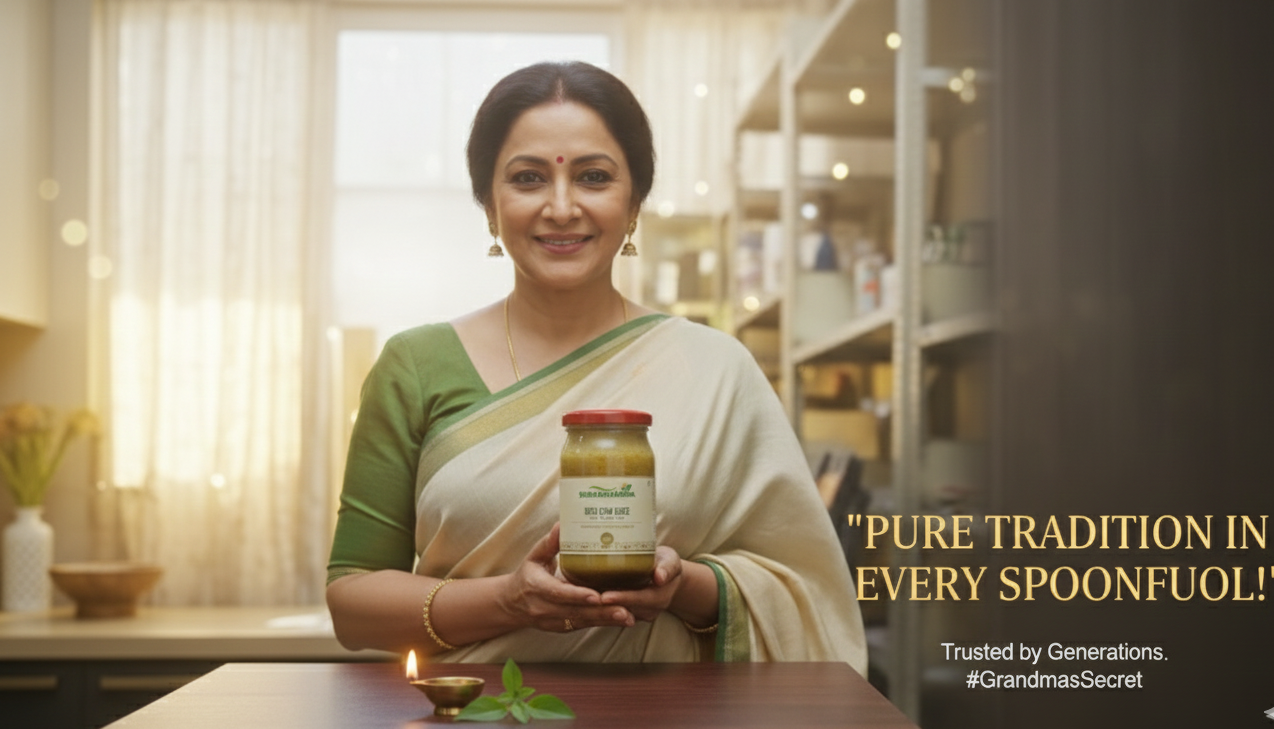 Woman holding a jar with text about tradition and trust, in a home setting.