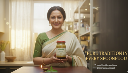Woman holding a jar with text about tradition and trust, in a home setting.