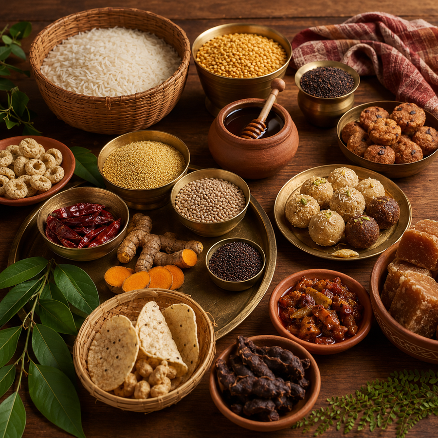 Assorted traditional Indian snacks and ingredients on a wooden table