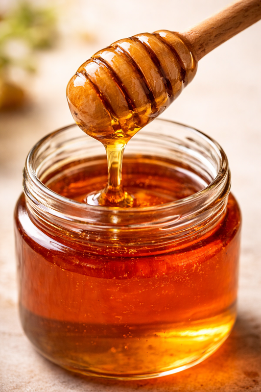 Honey being dripped from a wooden dipper into a glass jar.