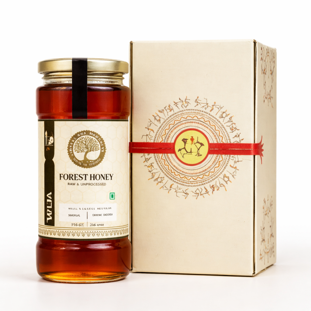Jar of Forest Honey with a decorative box on a white background