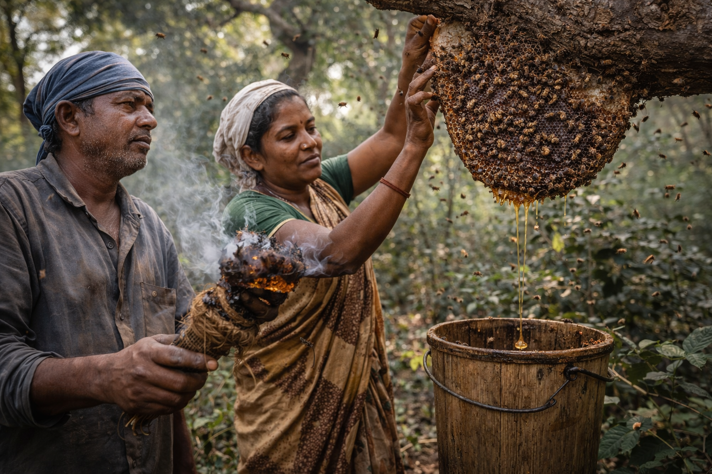 Two people harvesting honey from a beehive in a forest setting.