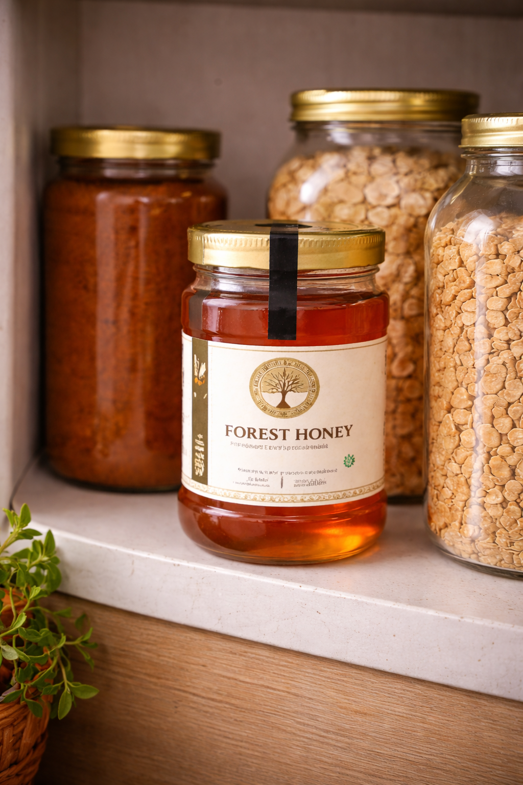 Jar of Forest Honey on a shelf with other jars