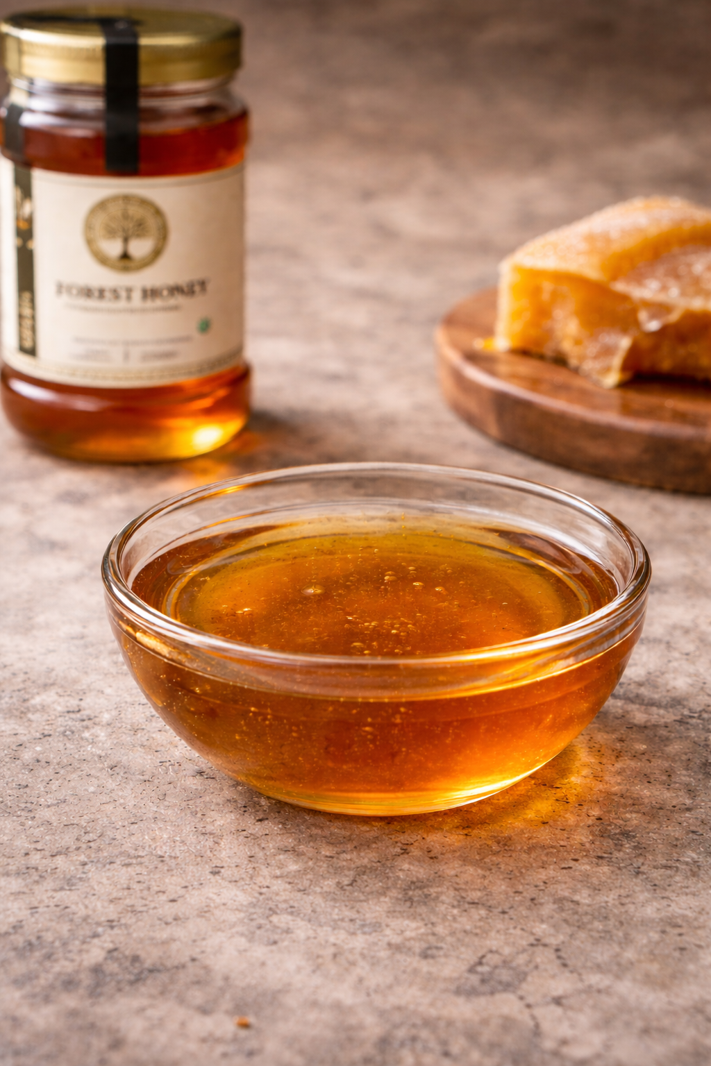 Glass bowl of honey with a jar of honey and honeycomb in the background on a textured surface.