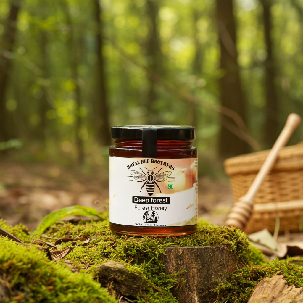 Jar of 'Deep Forest Forest Honey' by Royal Bee Brothers on a mossy log with a forest background.