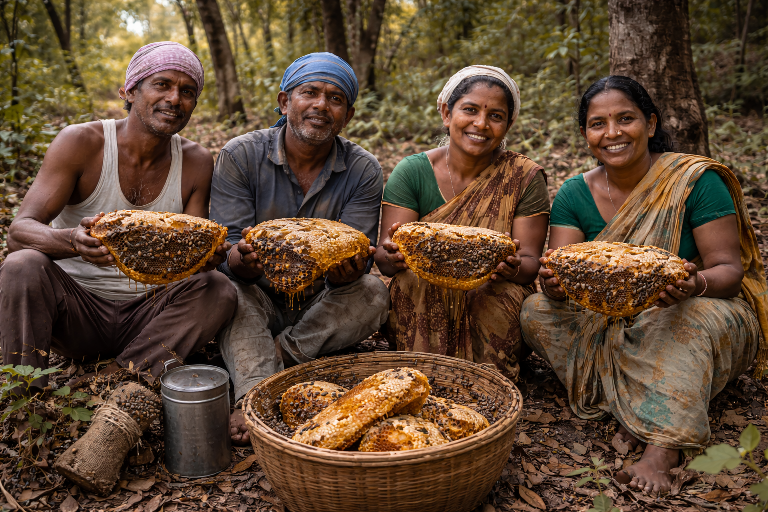 Four people sitting in a forest holding large honeycomb structures.