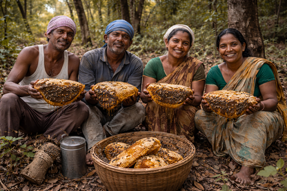 Four people sitting in a forest holding large honeycomb structures.