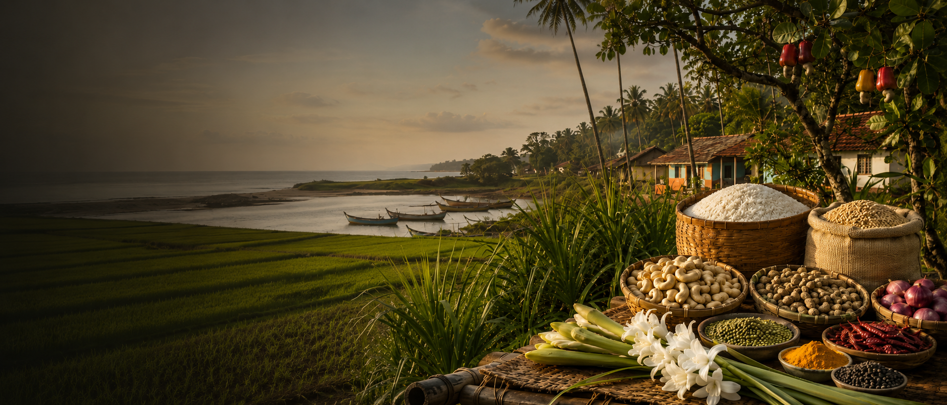 Table with food items by a scenic coastal landscape