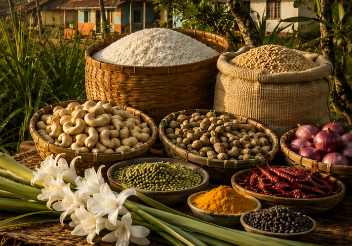 Assorted dry fruits and spices in baskets and bowls with a natural background