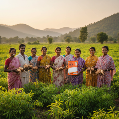 Group of Farmers + Product Pack in Field