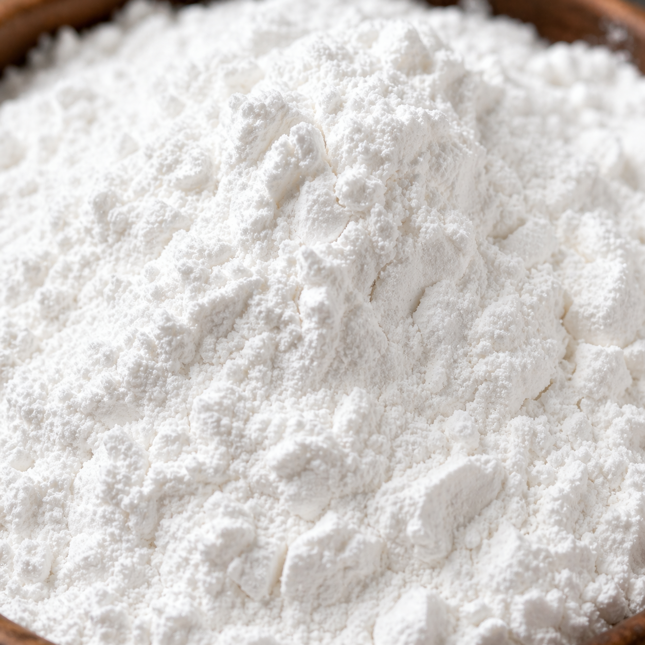 Close-up of white powder in a wooden bowl
