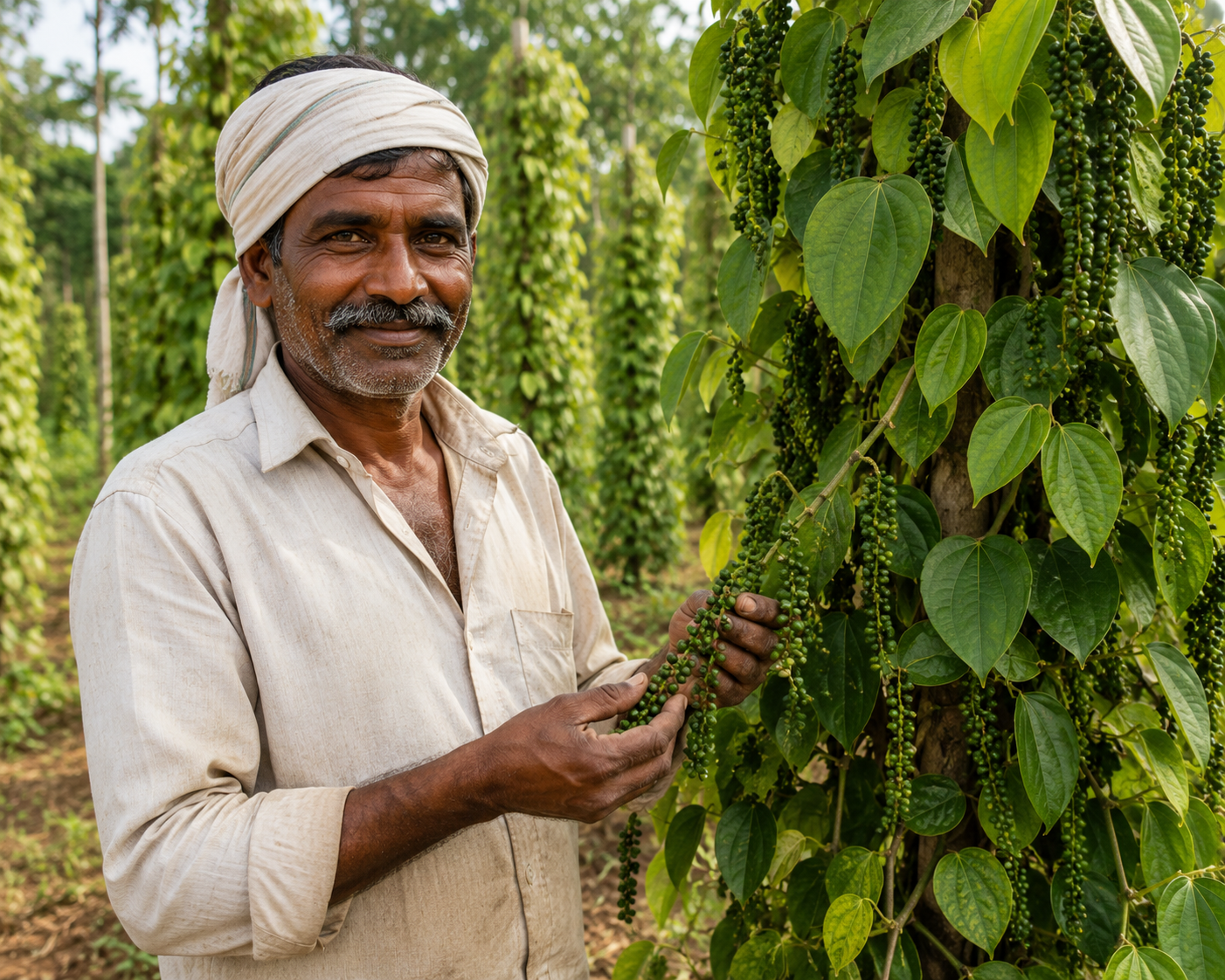 Man inspecting green peppers on a plant in a field