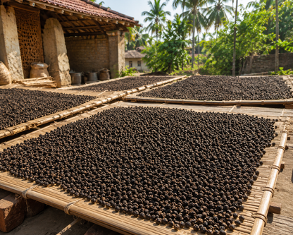 Drying coffee beans on wooden trays outdoors with a rustic building and trees in the background