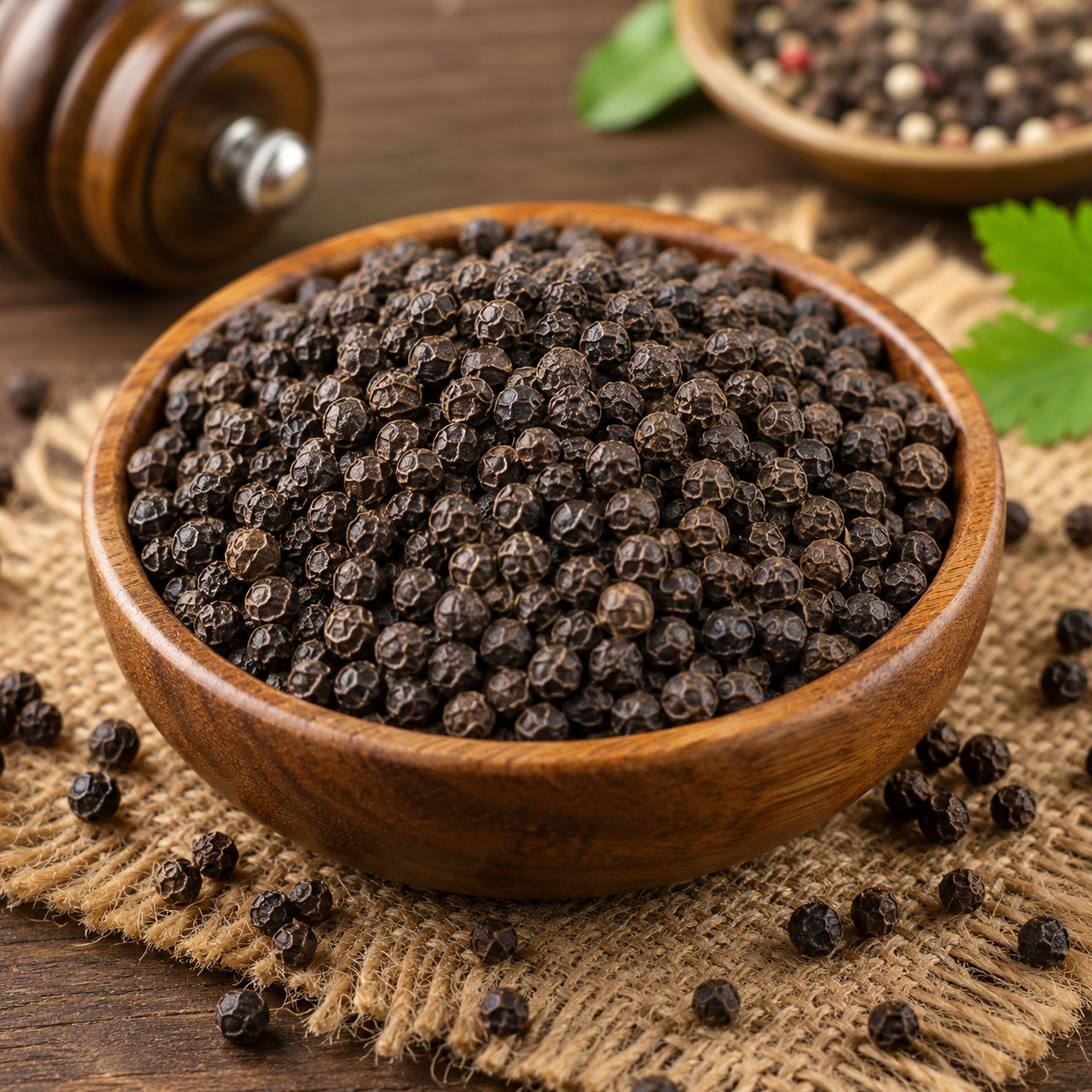 Wooden bowl filled with black peppercorns on a rustic wooden surface.
