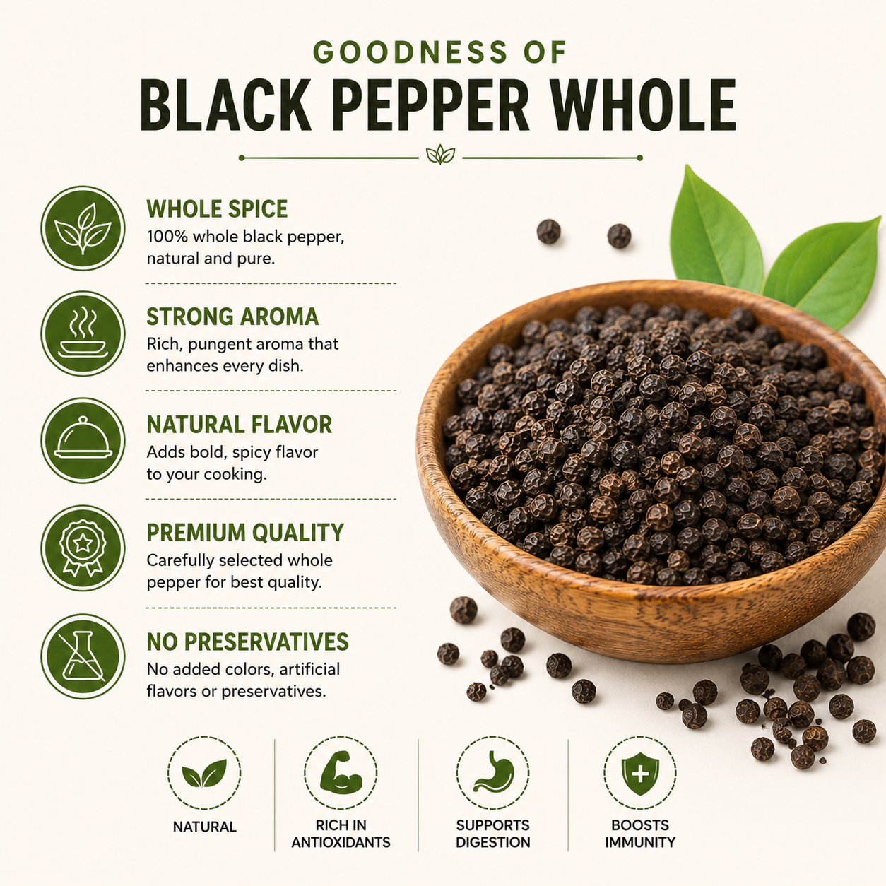 Wooden bowl of black pepper with health benefits listed