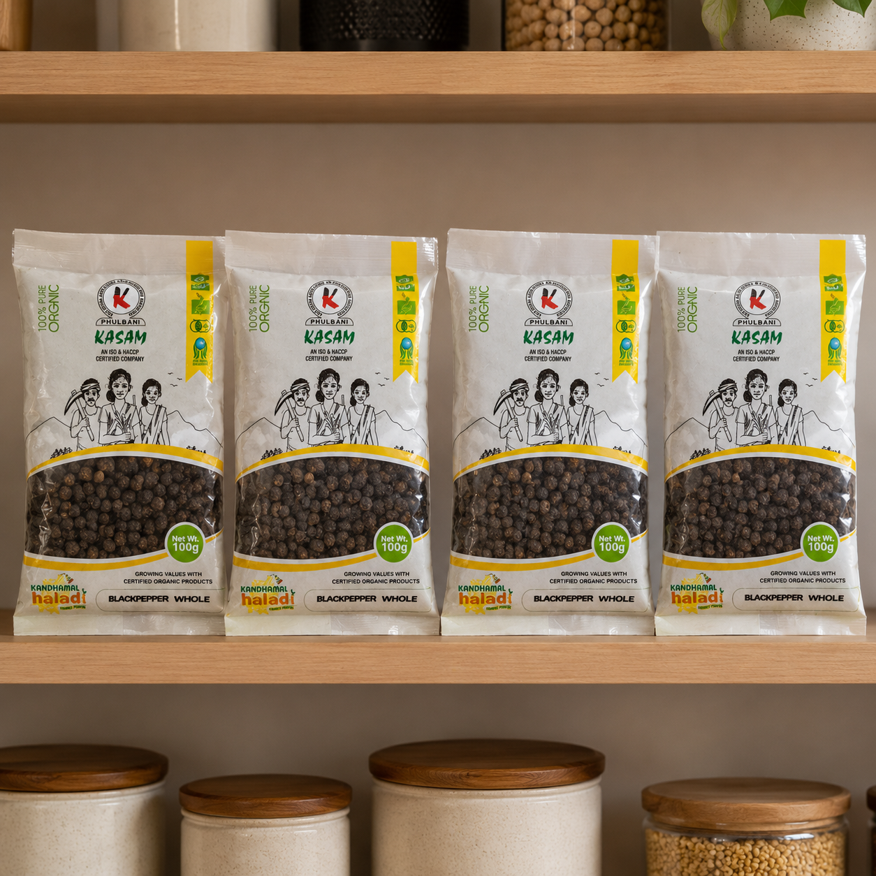 Four packages of Kasam Black Pepper Whole on a wooden shelf with jars below.