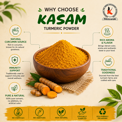 Promotional image of Kasam Turmeric Powder with health benefits and branding details.