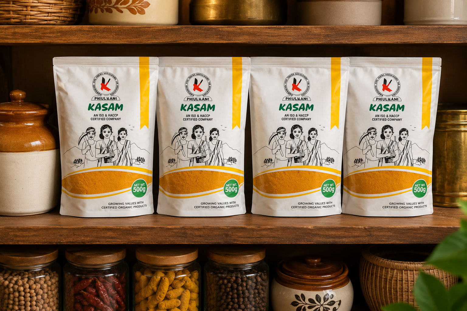 Four 'Kasam' branded packages on a wooden shelf with jars and containers in the background.