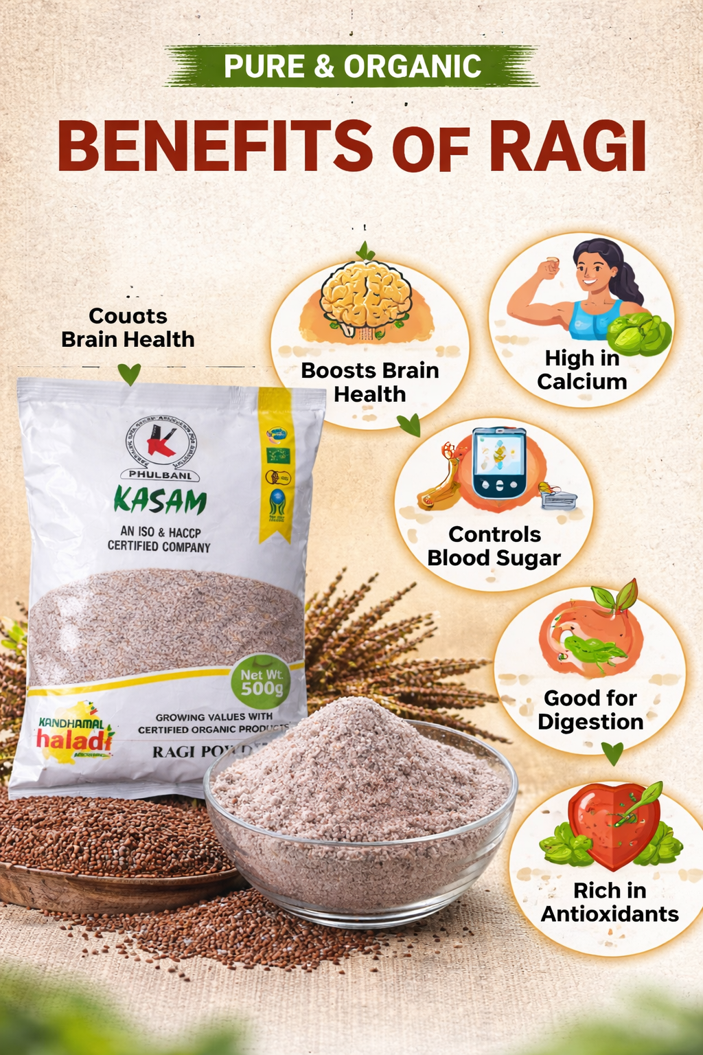 Promotional image of Ragi powder with health benefits and a package labeled 'Kasam'.