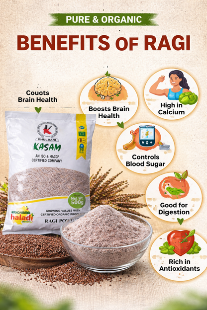 Promotional image of Ragi powder with health benefits and a package labeled 'Kasam'.