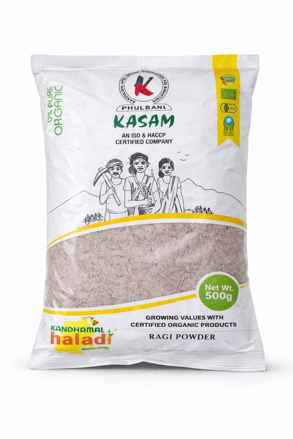 Kasam Ragi Powder packaging with branding and product details on a white background