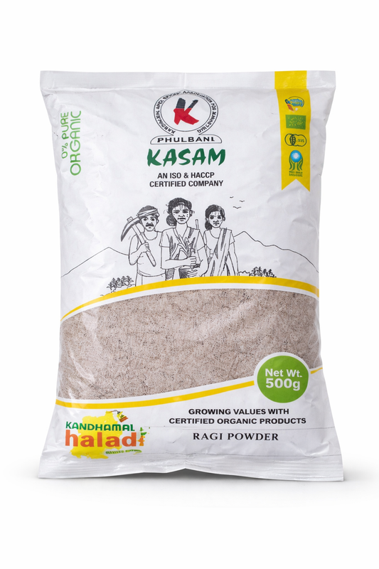 Kasam Ragi Powder packaging with branding and product details on a white background