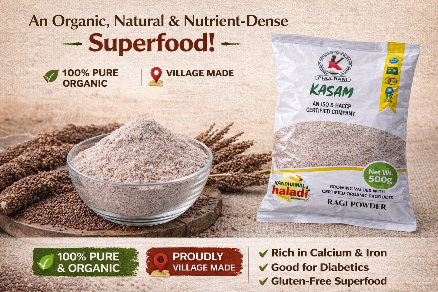 Kasam Ragi Powder packaging with a bowl of powder and wheat grains on a rustic background