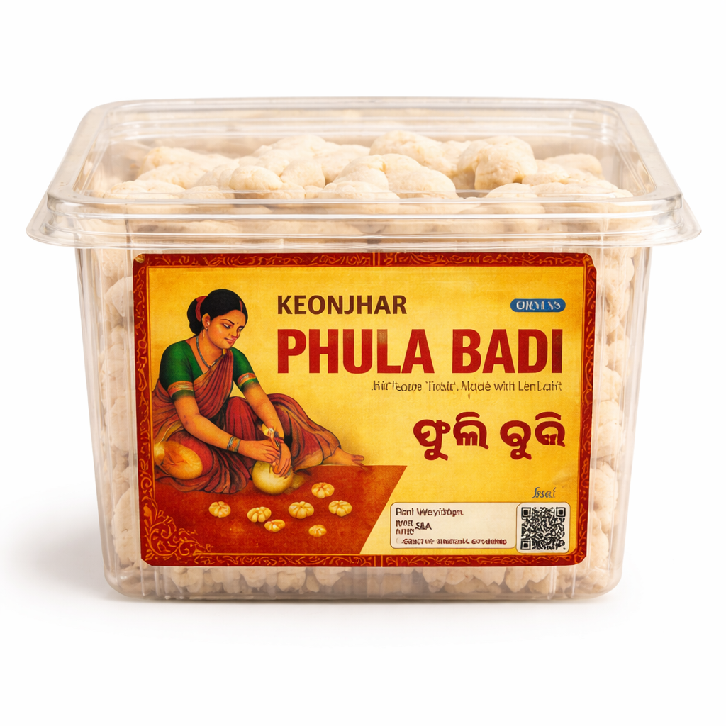Container of Keonjhar Phula Badi with a colorful label featuring an illustration of a woman and text.