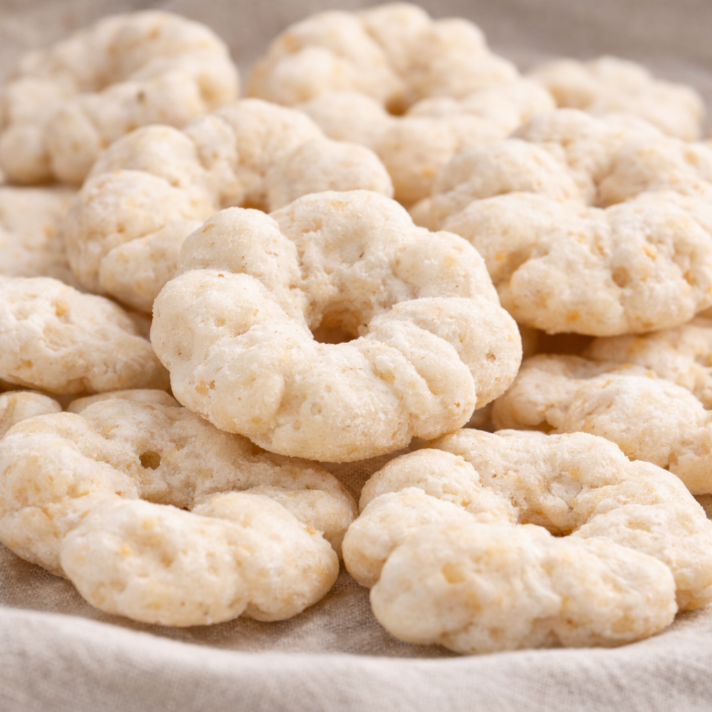 Close-up of white ring-shaped cookies on a textured surface