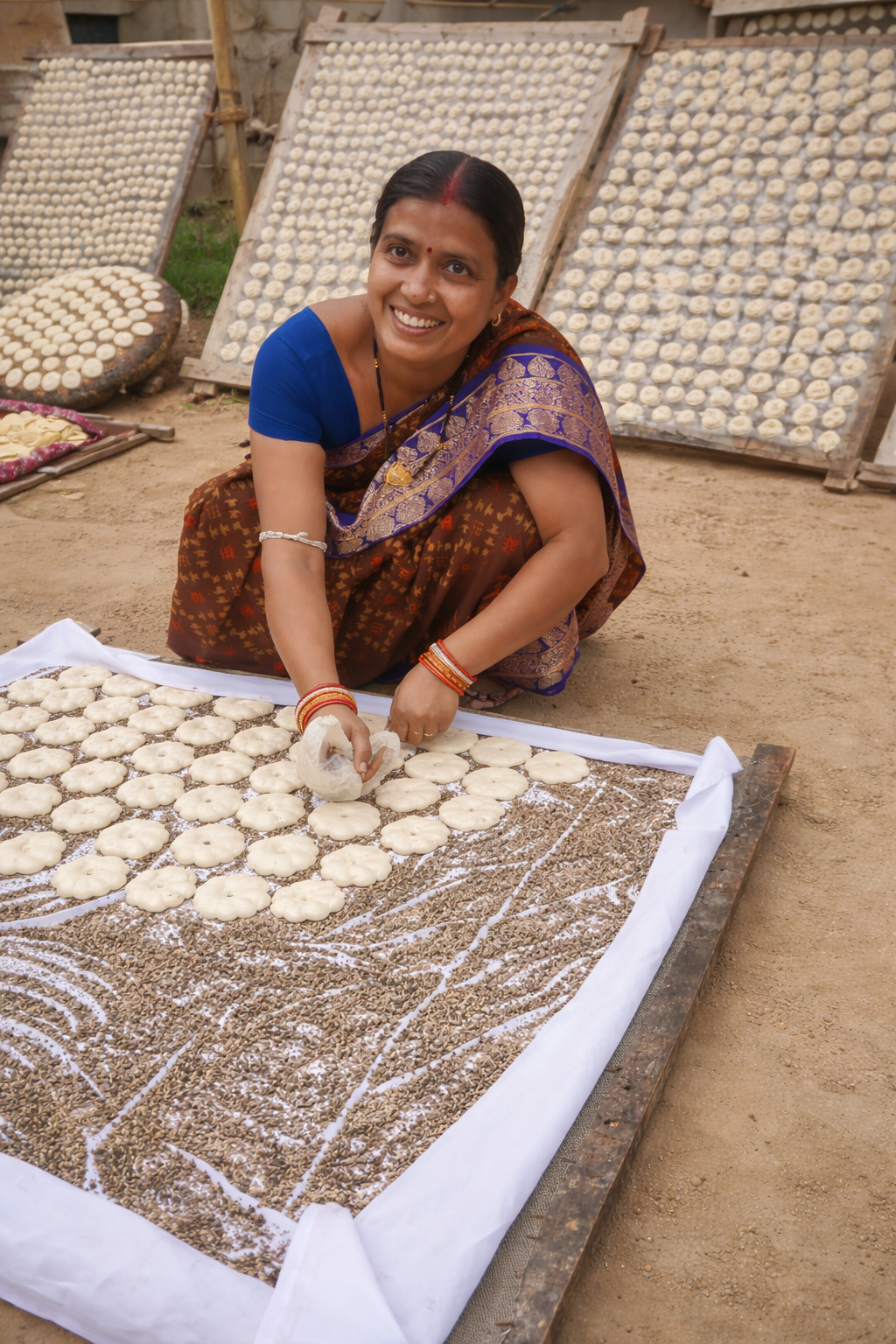 Woman making traditional food items on a large tray outdoors