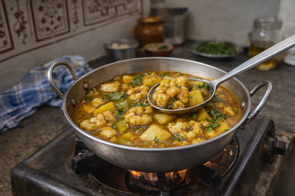 Cauliflower curry in a pan on a stove with a spoon