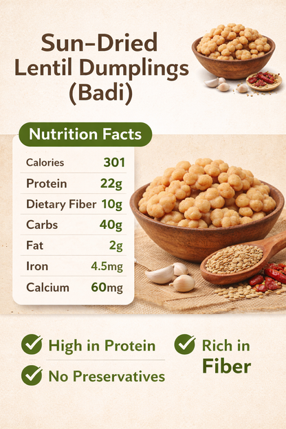 Sun-dried lentil dumplings with nutrition facts and health benefits on a beige background