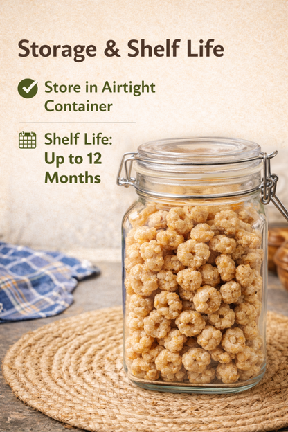Glass jar filled with food products on a woven mat, with text about storage and shelf life.