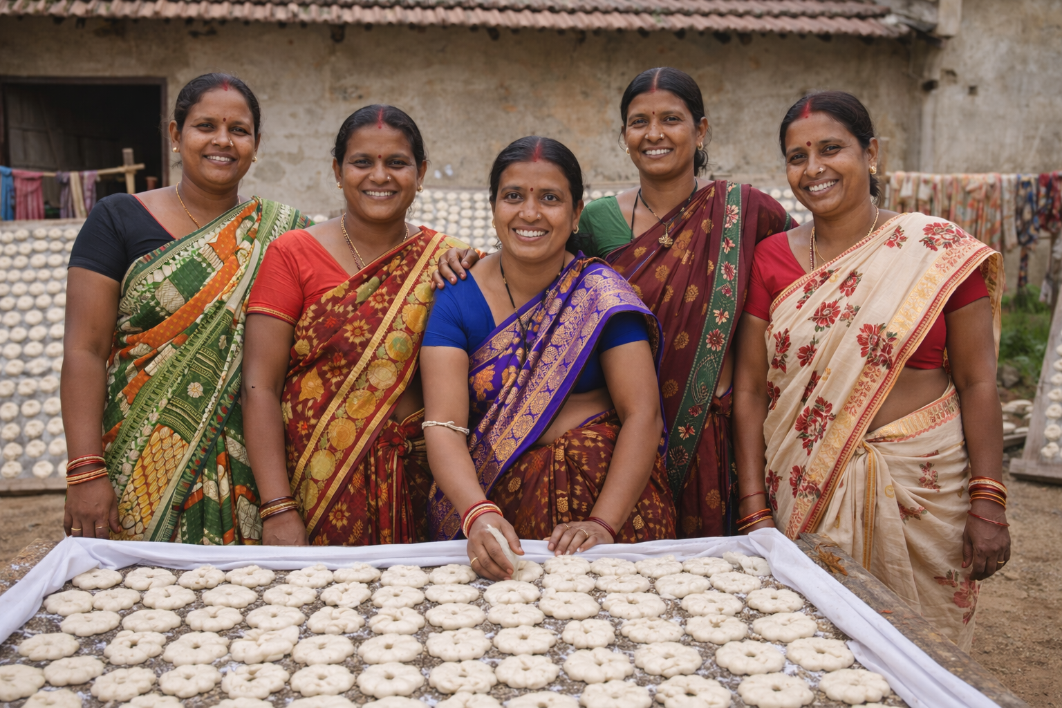 Five women in colorful sarees standing behind a tray of white flowers, smiling at the camera.